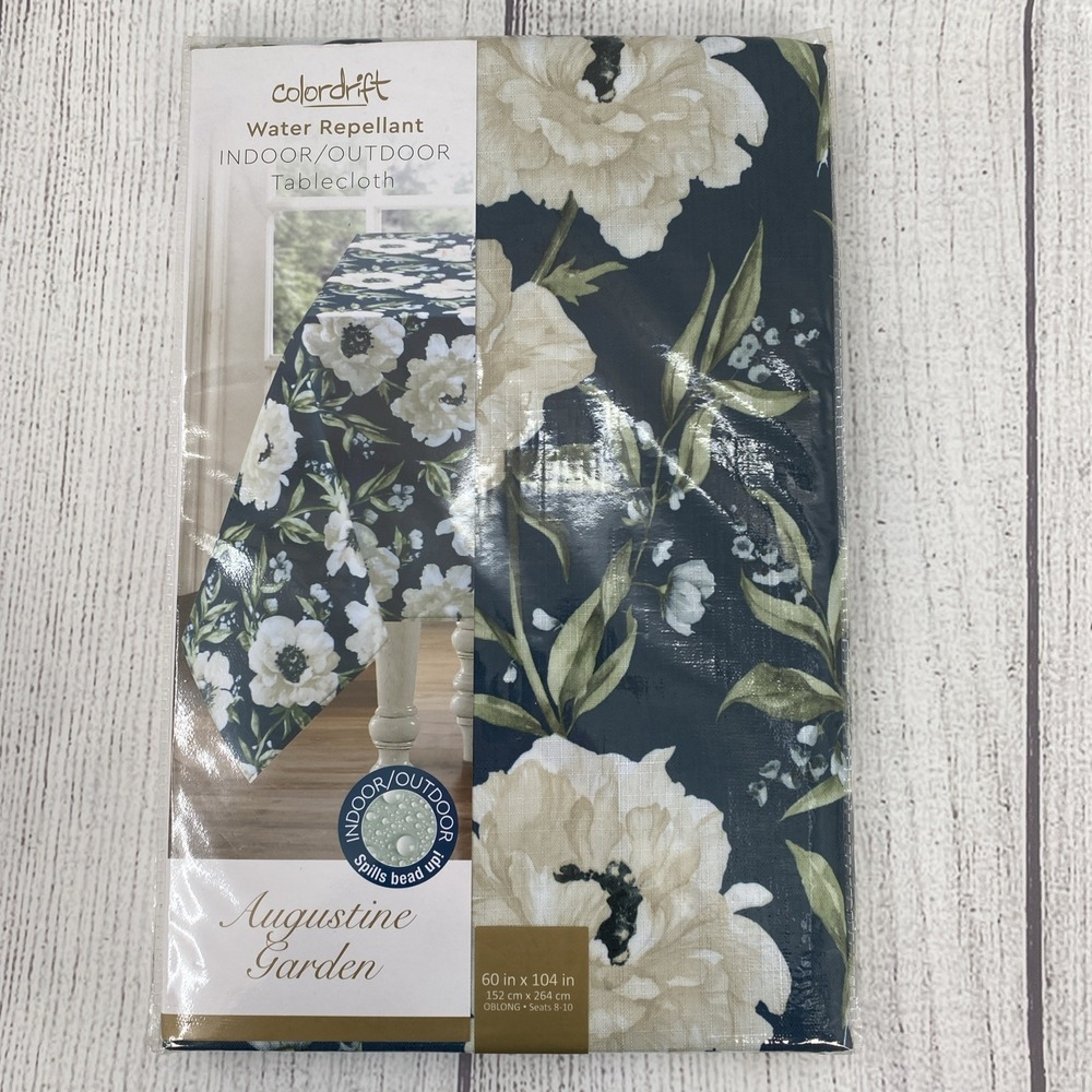 Colordrift Tablecloth 60x104 Augustine Garden Blue White Flowers Indoor/Outdoor